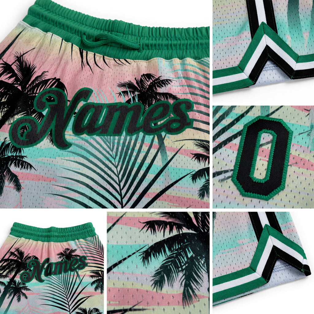 Custom Black Black-Kelly Green 3D Pattern Design Tropical Palm Leaves Authentic Basketball Shorts detail
