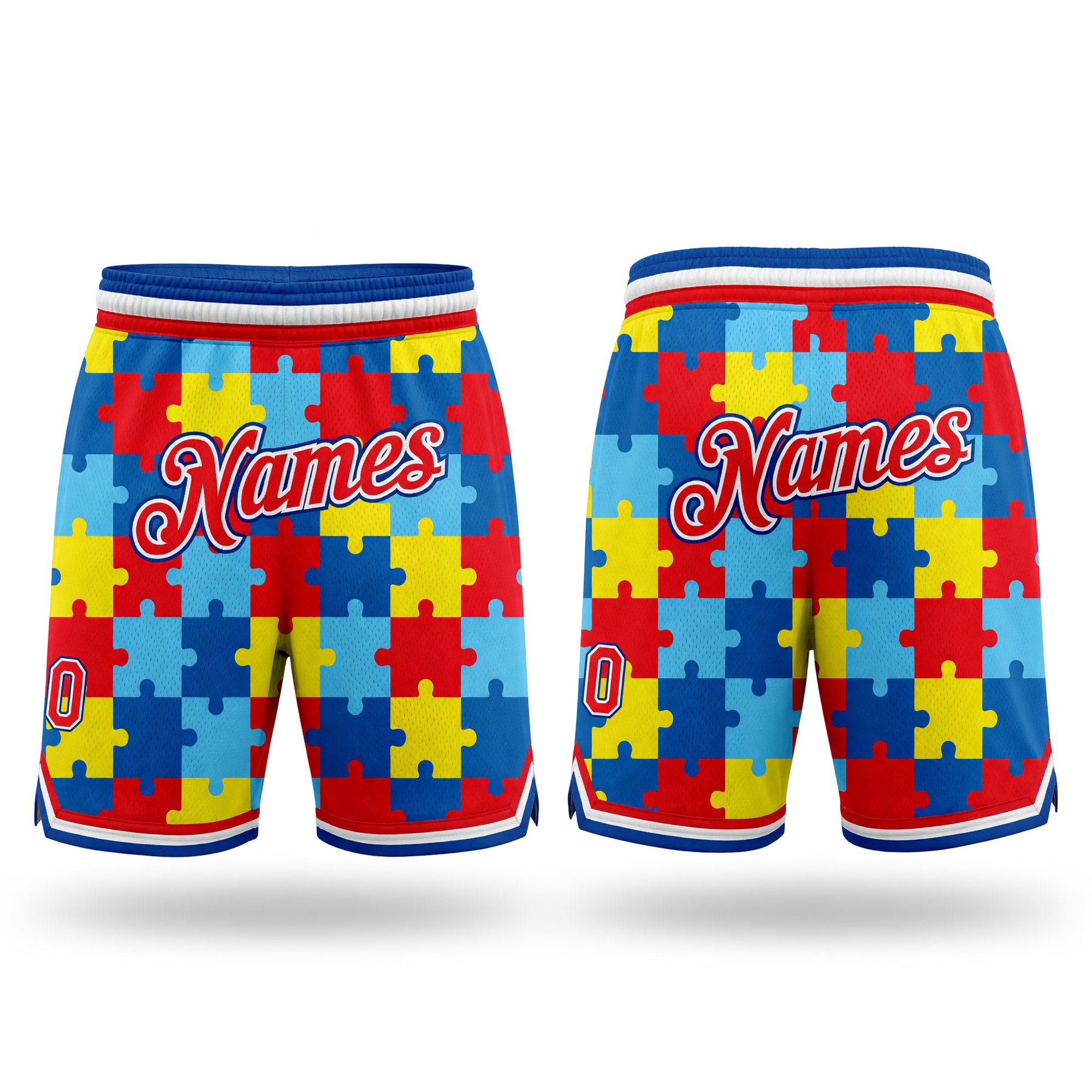 Custom Black Red-Royal 3D Pattern Design Autism Supporter Awareness Puzzle Pieces Authentic Basketball Shorts