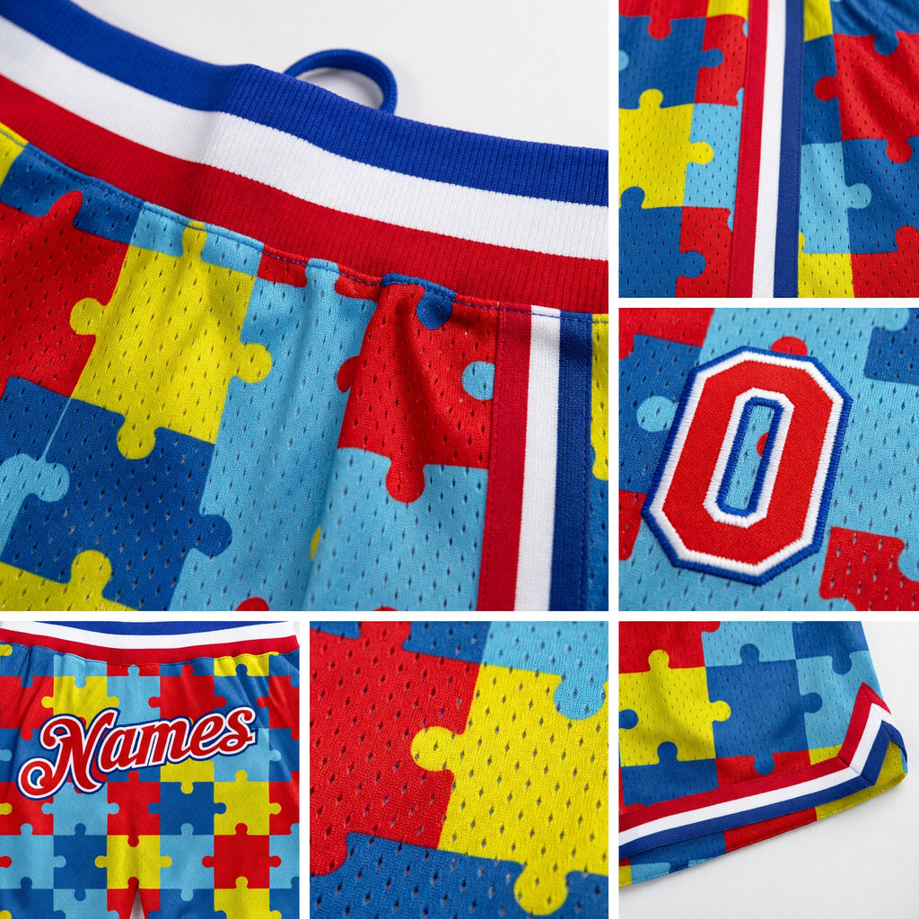 Custom Black Red-Royal 3D Pattern Design Autism Supporter Awareness Puzzle Pieces Authentic Basketball Shorts detail