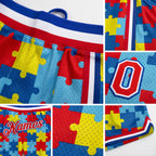 Custom Black Red-Royal 3D Pattern Design Autism Supporter Awareness Puzzle Pieces Authentic Basketball Shorts detail