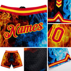 Custom Black Red-Gold 3D Pattern Design Flame Authentic Basketball Shorts detail