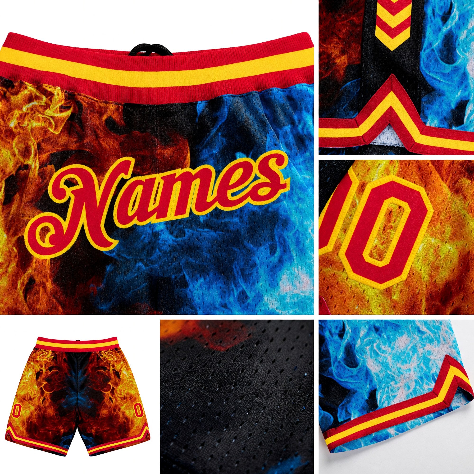 Custom Black Red-Gold 3D Pattern Design Flame Authentic Basketball Shorts detail
