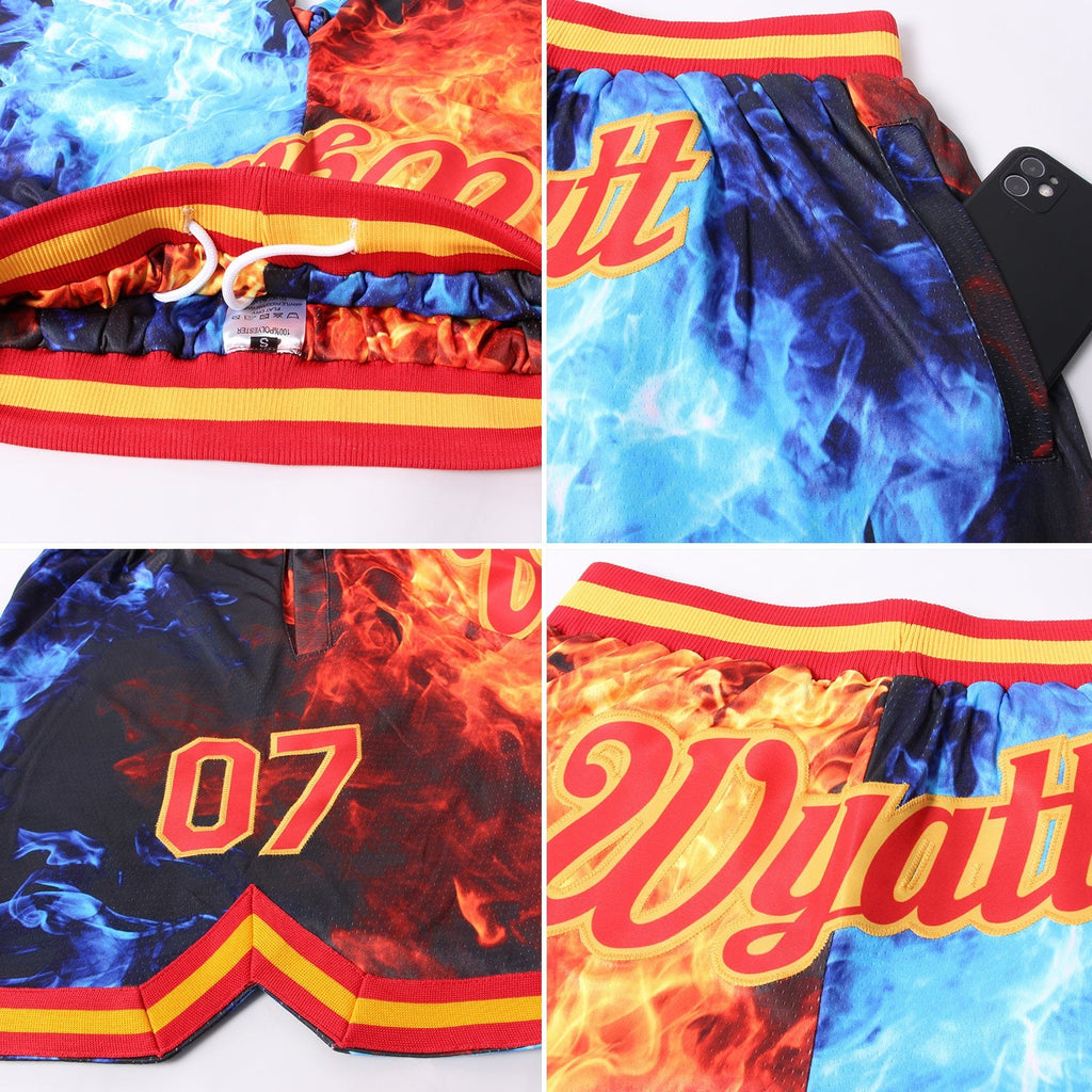 Custom Black Red-Gold 3D Pattern Design Flame Authentic Basketball Shorts photo 3