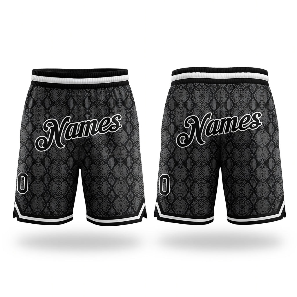 Custom Black Black-White 3D Pattern Design Snakeskin Authentic Basketball Shorts