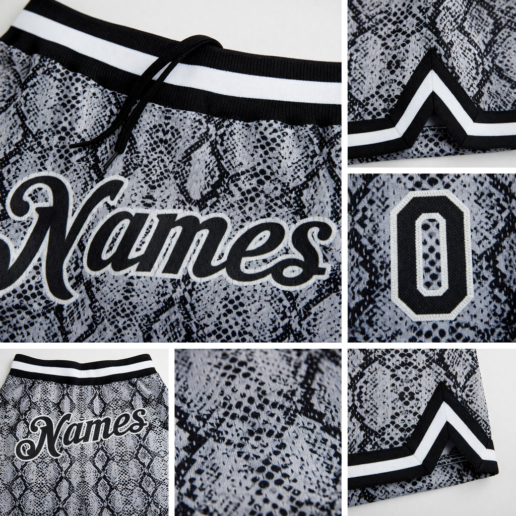 Custom Black Black-White 3D Pattern Design Snakeskin Authentic Basketball Shorts detail
