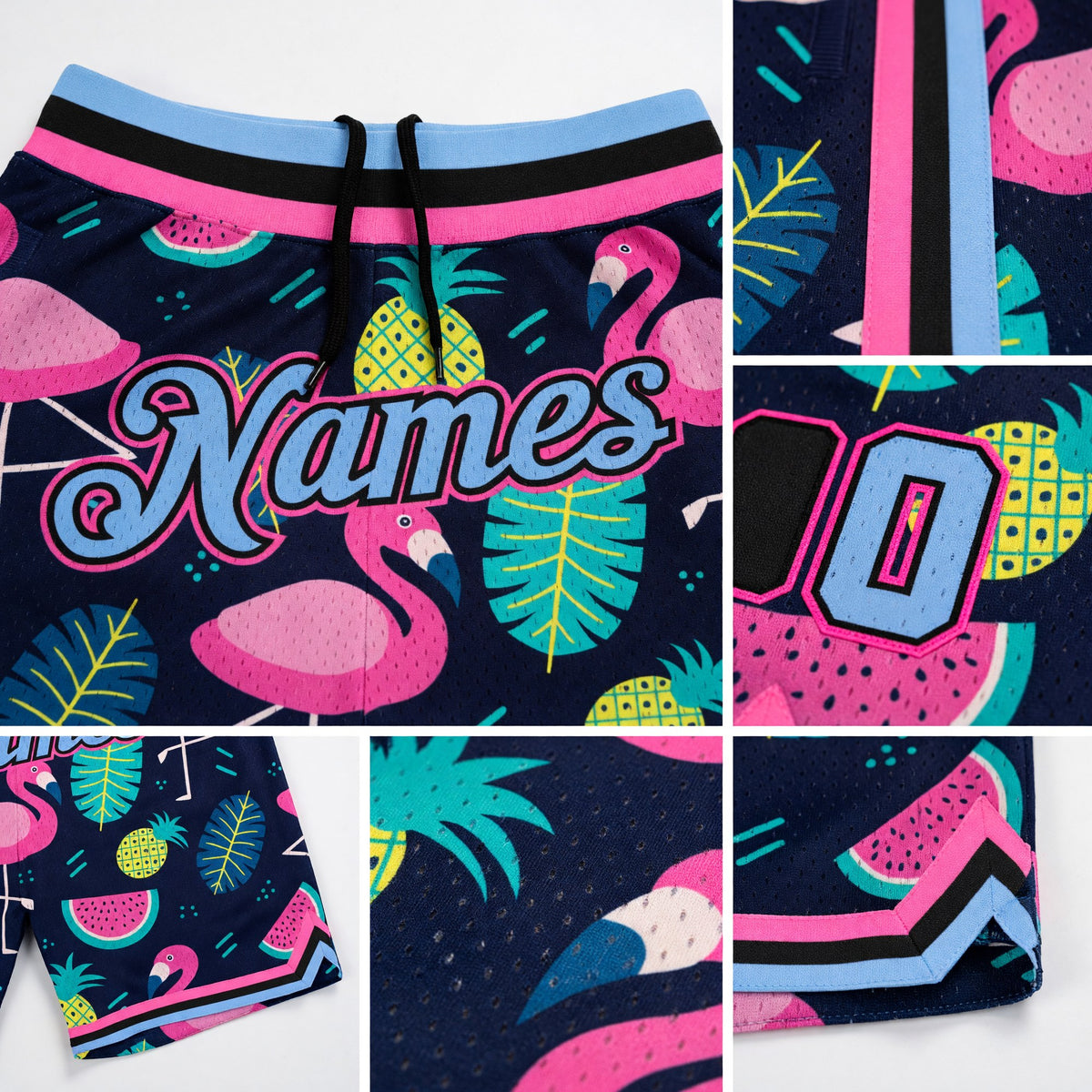 Custom Black Light Blue-Pink 3D Pattern Design Hawaii Flamingo Authentic Basketball Shorts detail