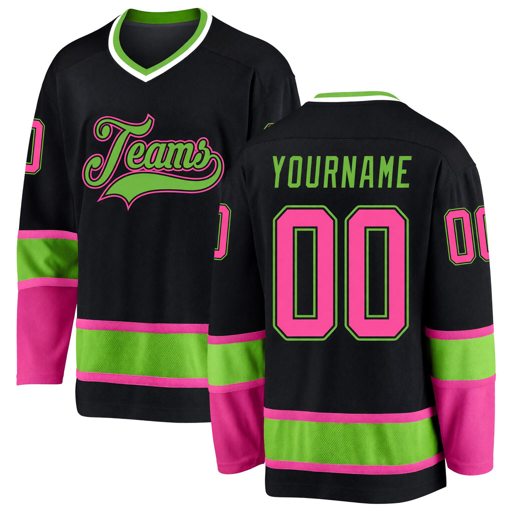 Custom Black Pink-Neon Green Hockey Jersey