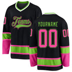 Custom Black Pink-Neon Green Hockey Jersey