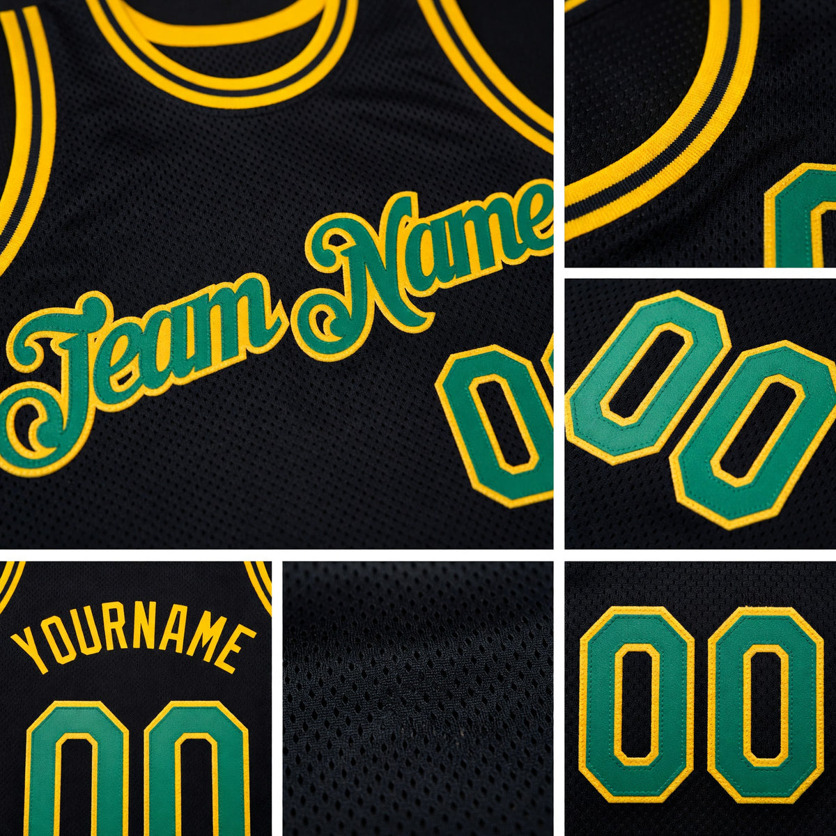 Custom Black Kelly Green-Gold Authentic Throwback Basketball Jersey detail