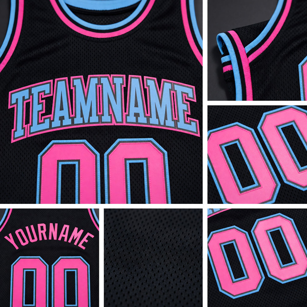 Custom Black Light Blue-Pink Authentic Throwback Basketball Jersey detail