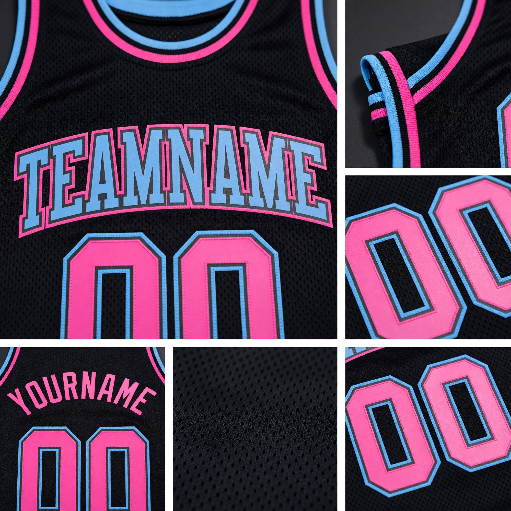 Custom Black Light Blue-Pink Authentic Throwback Basketball Jersey detail