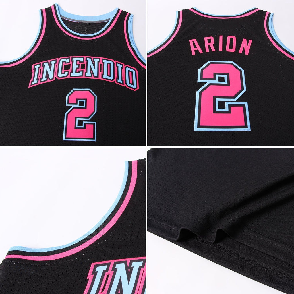Custom Black Light Blue-Pink Authentic Throwback Basketball Jersey photo 4