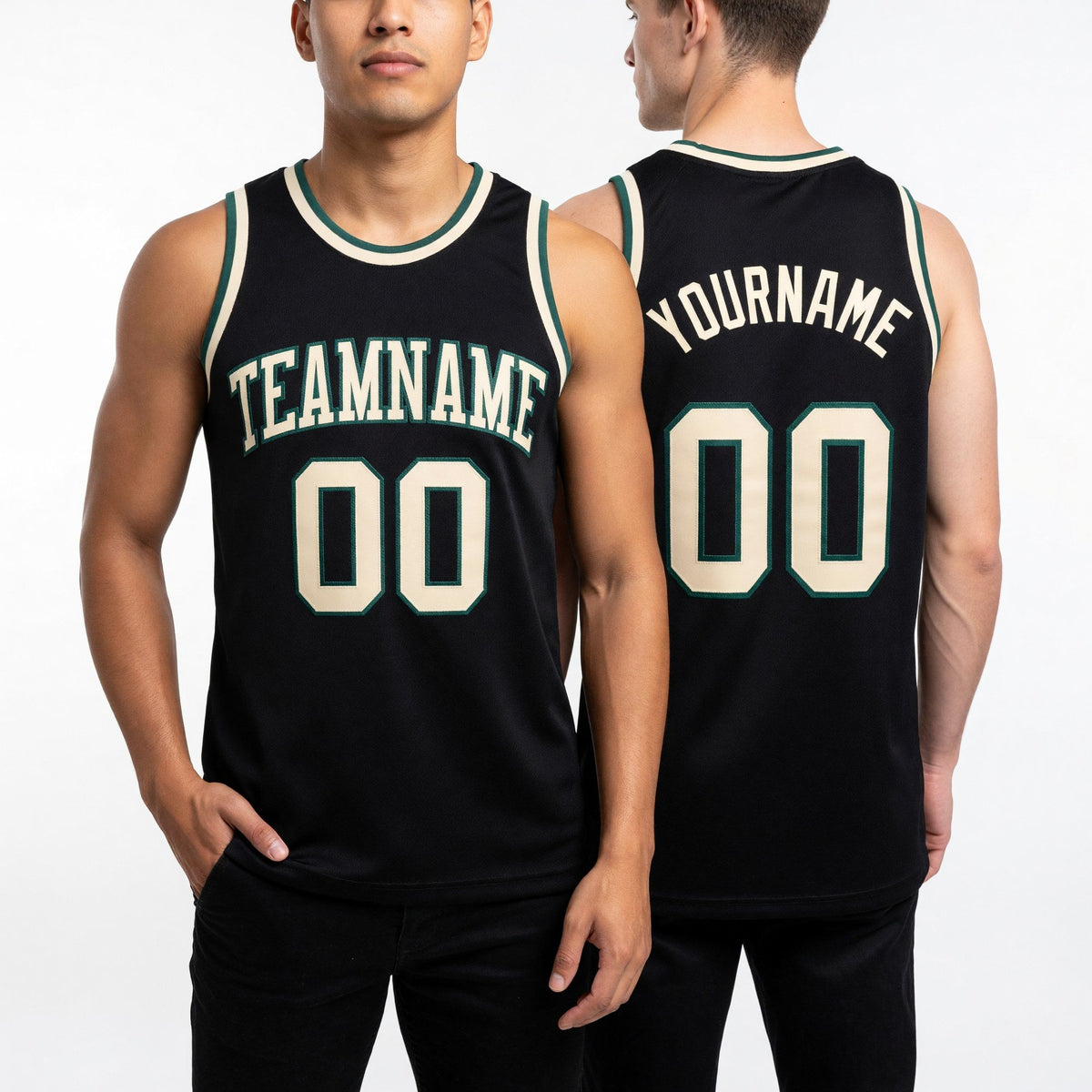 Custom Black Cream-Green Authentic Throwback Basketball Jersey worn front and back