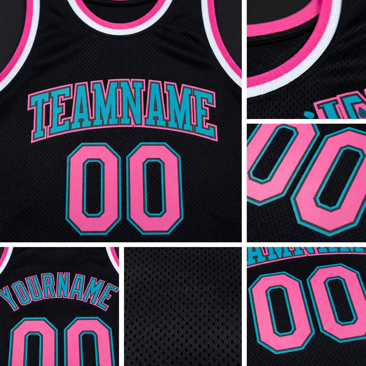 Custom Black Pink-Teal Authentic Throwback Basketball Jersey detail