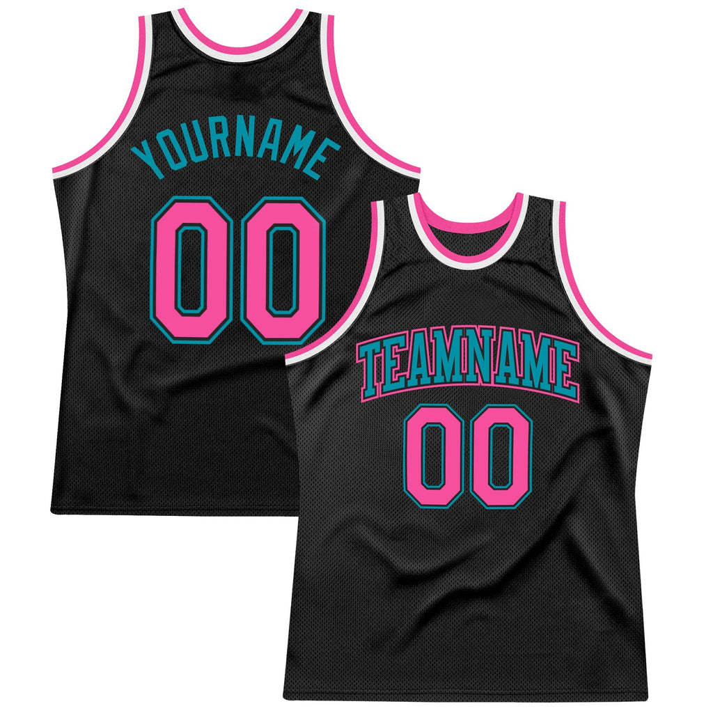 Custom Black Pink-Teal Authentic Throwback Basketball Jersey photo 1