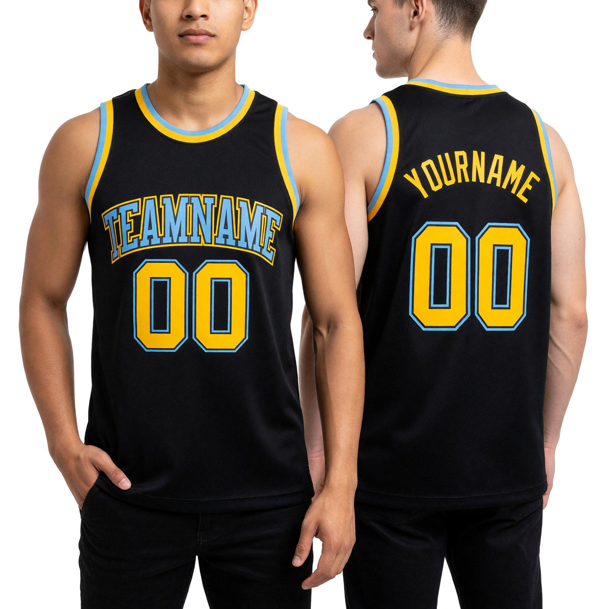 Custom Black Gold-Light Blue Authentic Throwback Basketball Jersey worn front and back