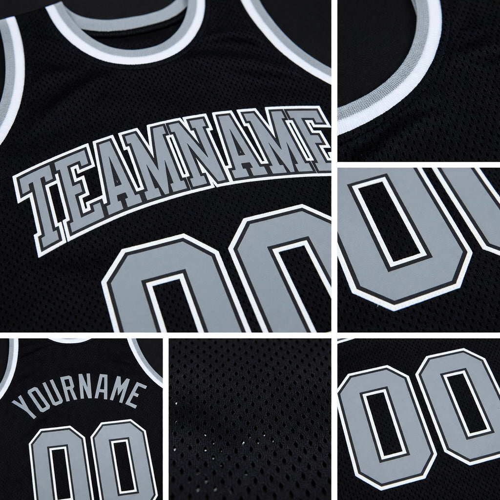 Custom Black Gray-White Authentic Throwback Basketball Jersey detail