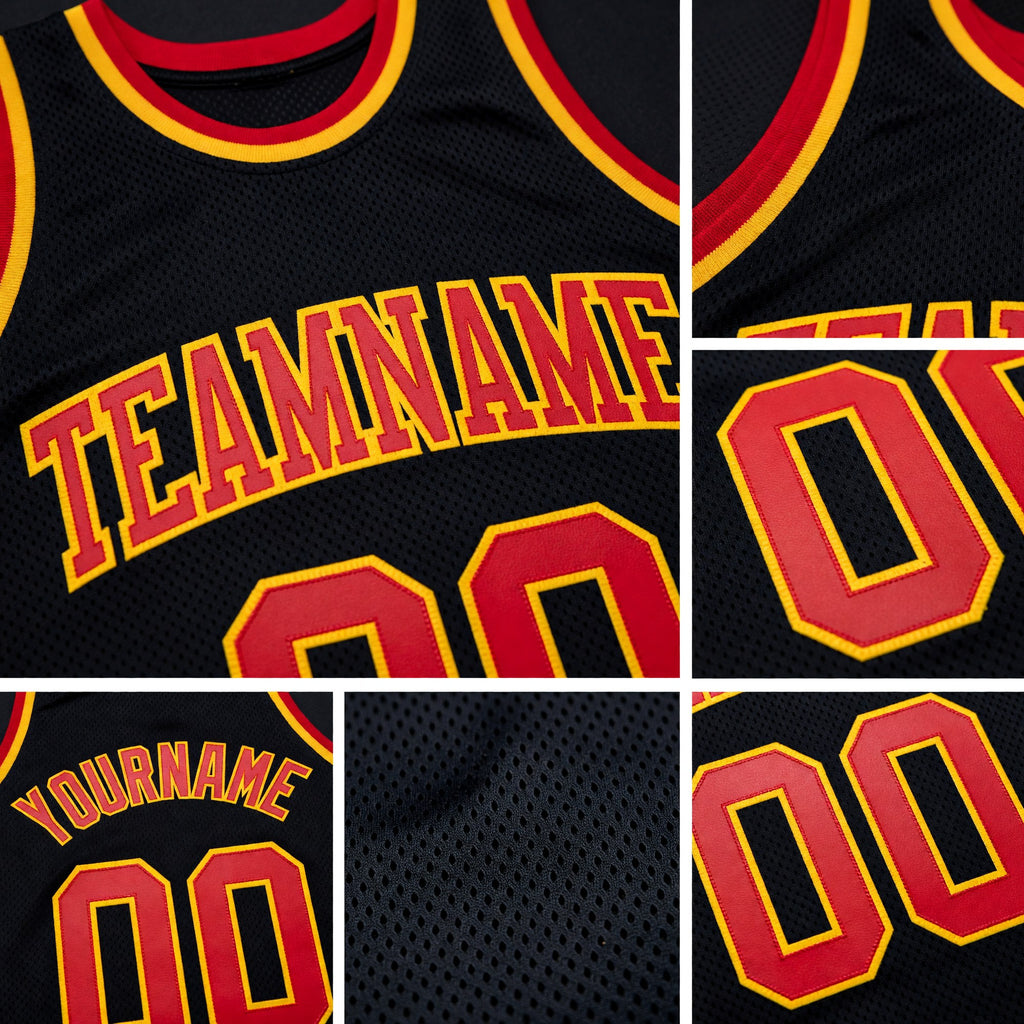 Custom Black Red-Gold Authentic Throwback Basketball Jersey detail