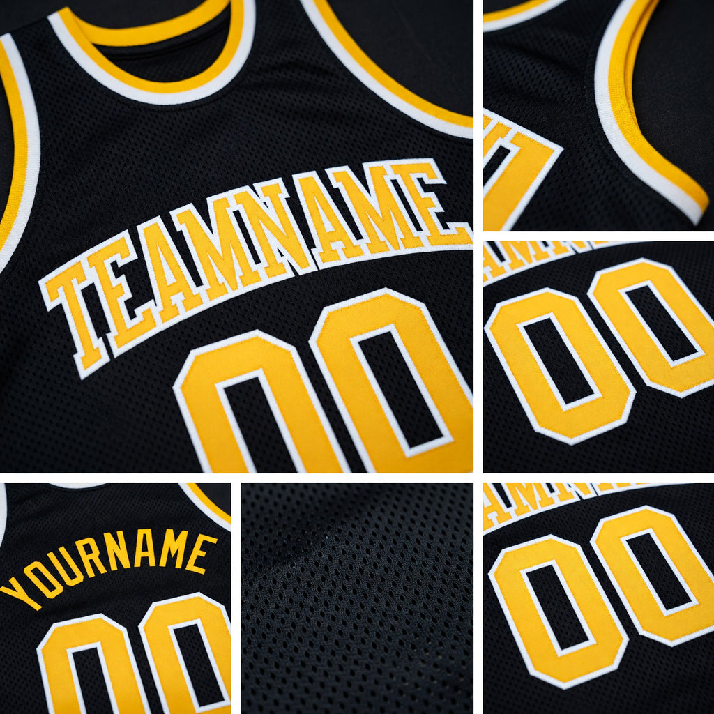 Custom Black Gold-White Authentic Throwback Basketball Jersey detail
