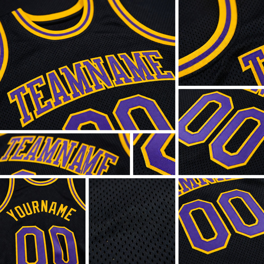 Custom Black Purple-Gold Authentic Throwback Basketball Jersey detail