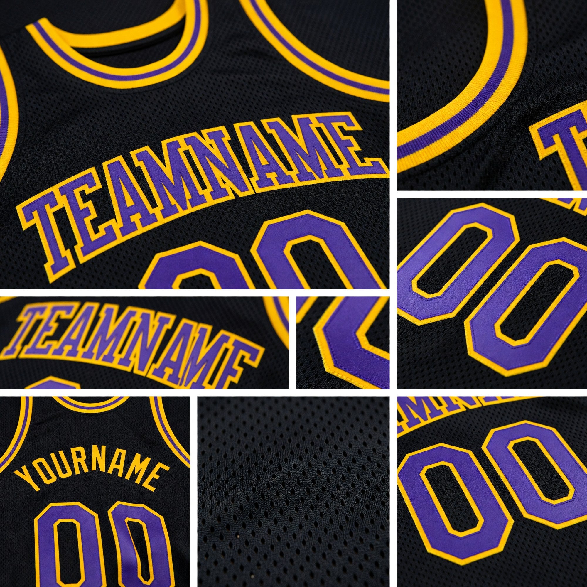 Custom Black Purple-Gold Authentic Throwback Basketball Jersey detail