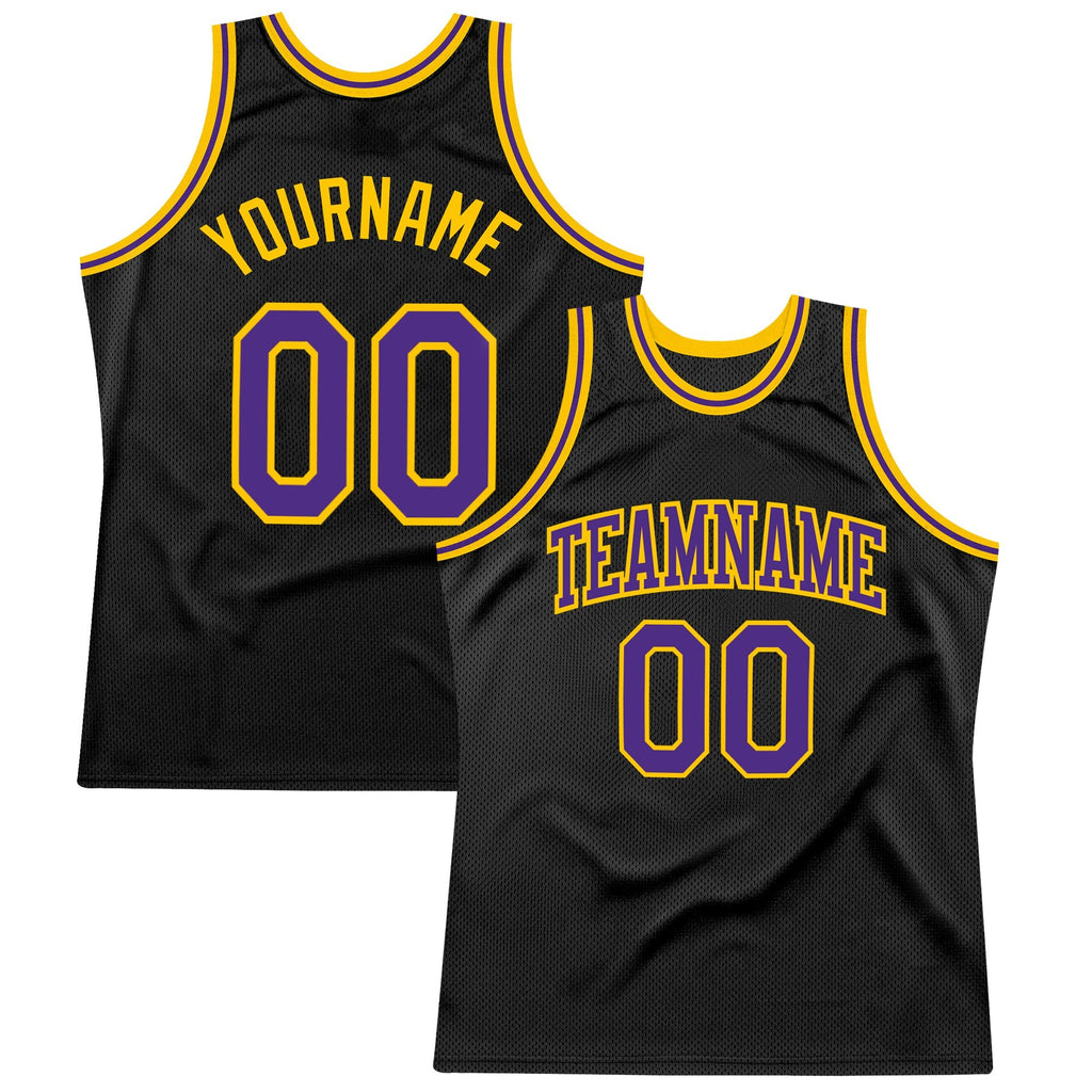 Custom Black Purple-Gold Authentic Throwback Basketball Jersey photo 1