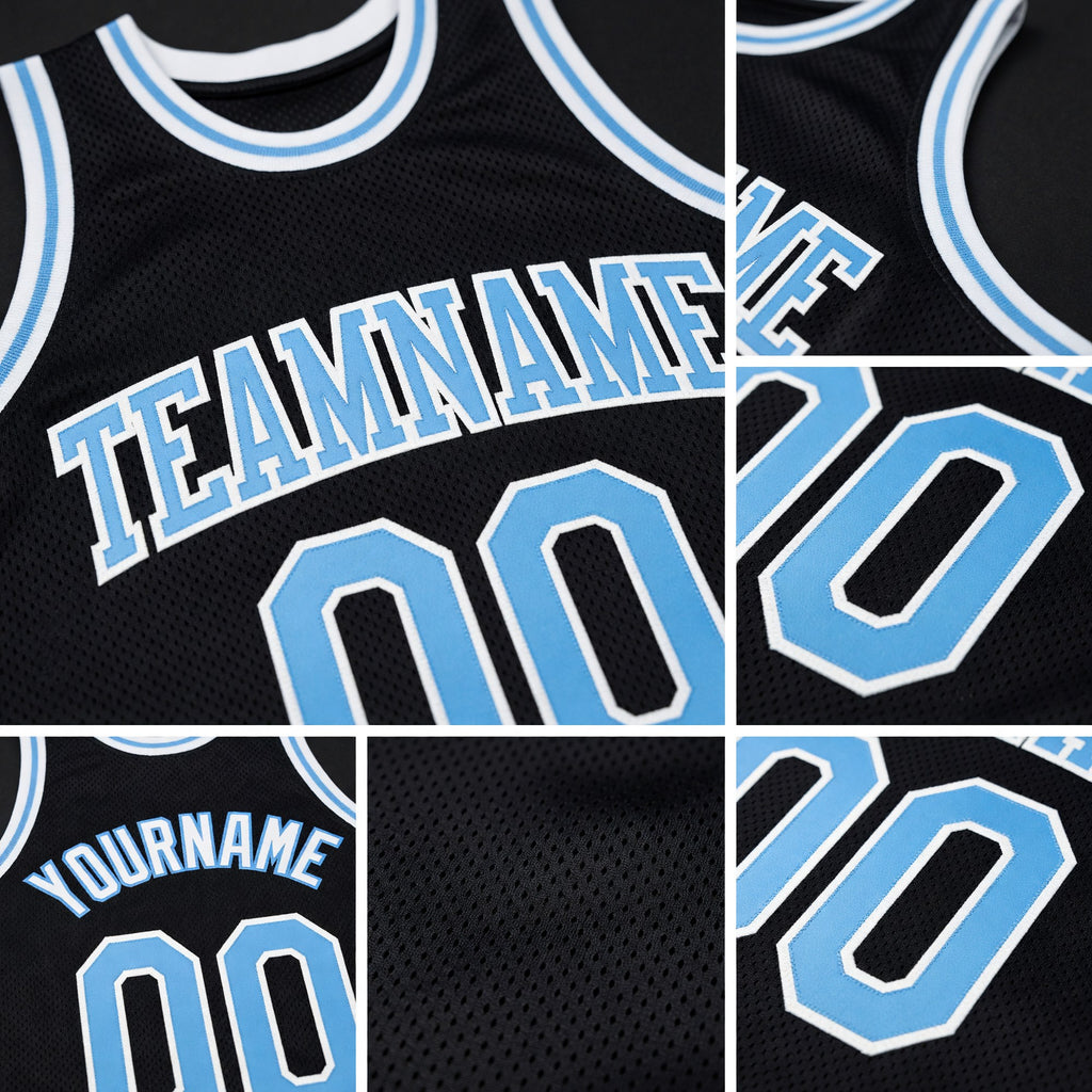 Custom Black Light Blue-White Authentic Throwback Basketball Jersey detail