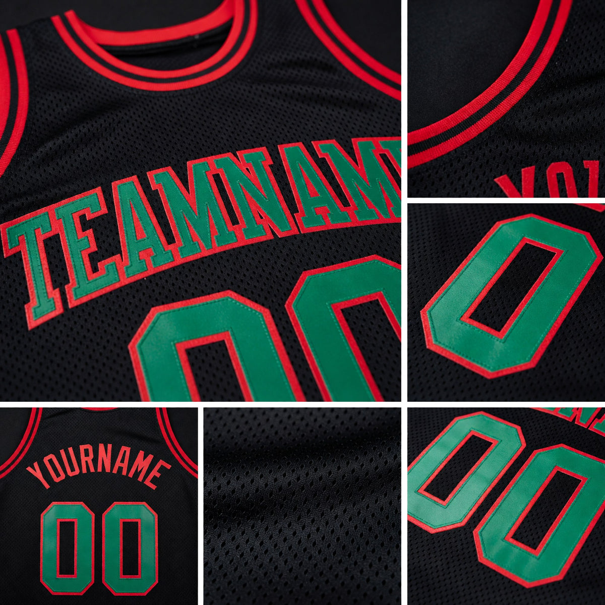 Custom Black Kelly Green-Red Authentic Throwback Basketball Jersey detail