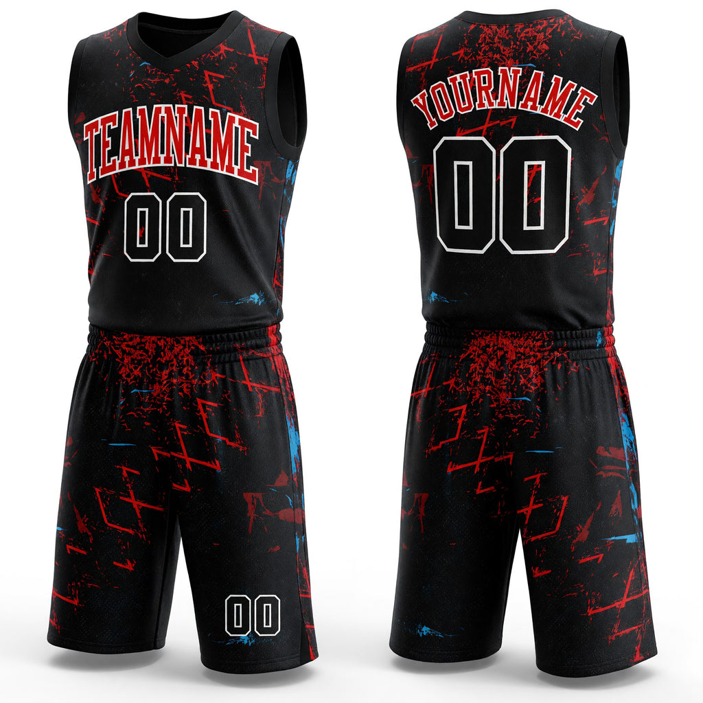 Custom Black Black-Red Round Neck Sublimation Basketball Uniform Jersey