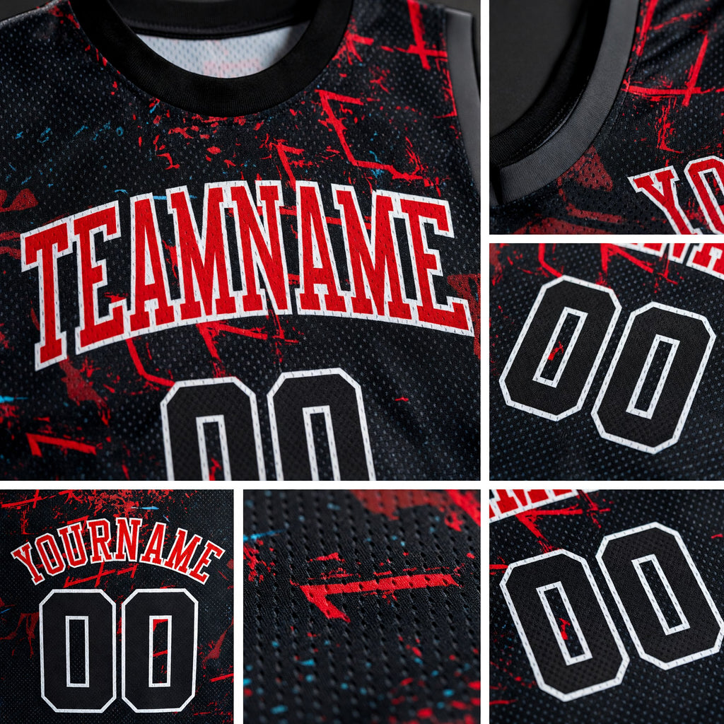Custom Black Black-Red Round Neck Sublimation Basketball Uniform Jersey detail