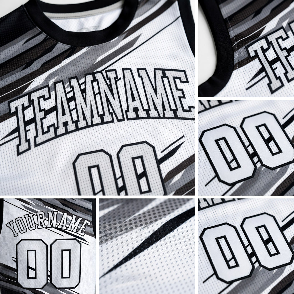 Custom Black White-Gray Round Neck Sublimation Basketball Uniform Jersey detail
