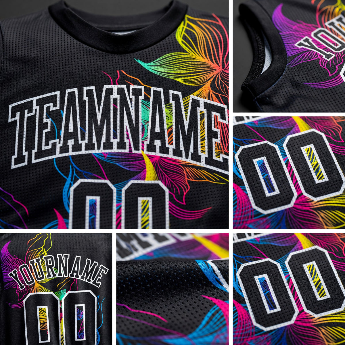 Custom Black Black-White Round Neck Sublimation Basketball Uniform Jersey detail