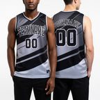 Custom Black Black-Gray Round Neck Sublimation Basketball Uniform Jersey worn front and back