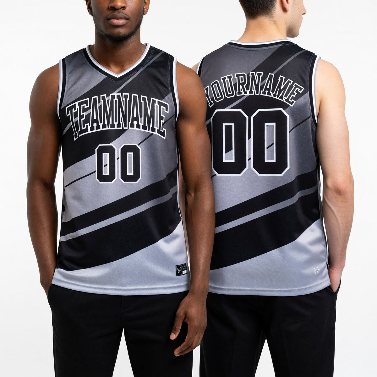 Custom Black Black-Gray Round Neck Sublimation Basketball Uniform Jersey worn front and back