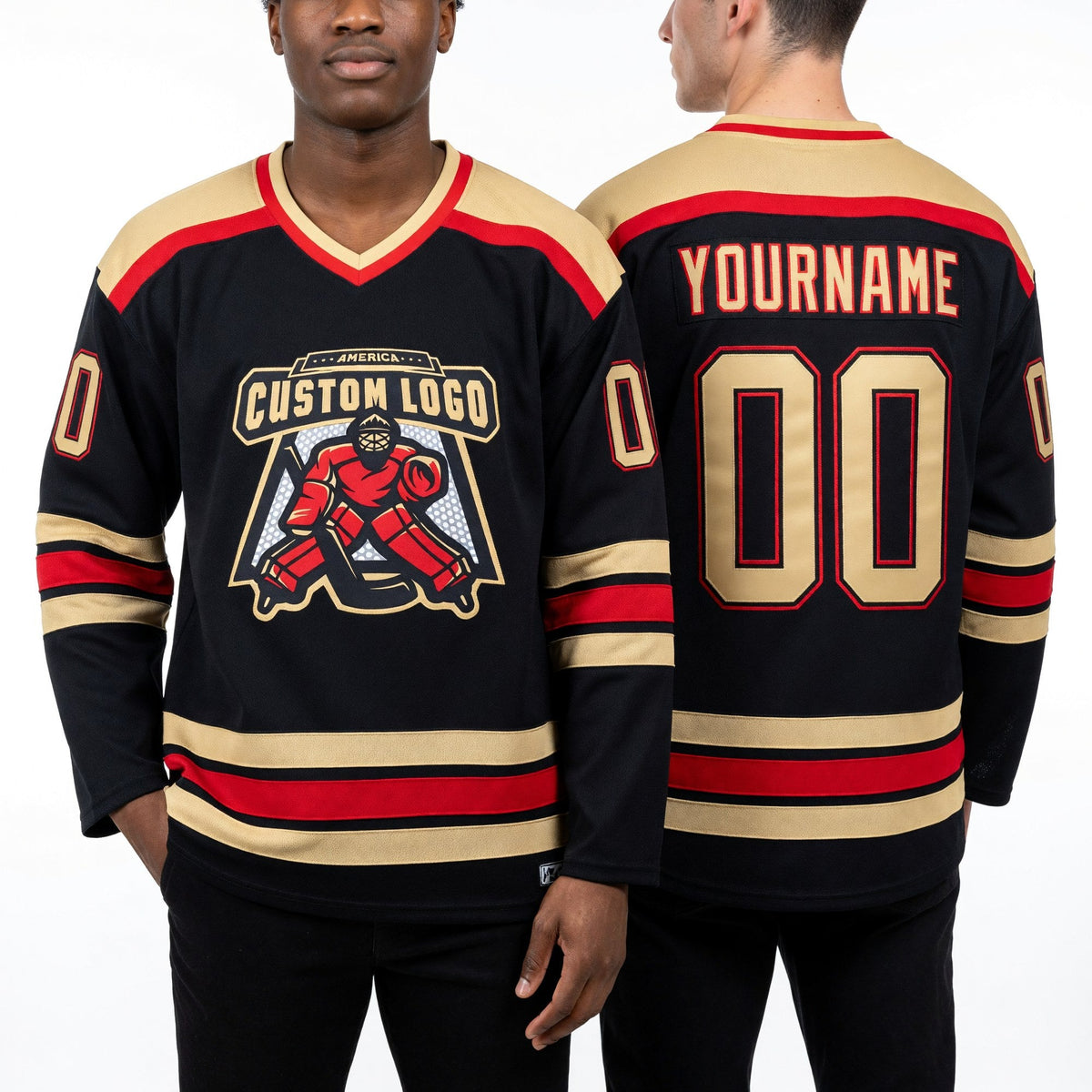 Custom Black Old Gold-Red Hockey Jersey worn front and back