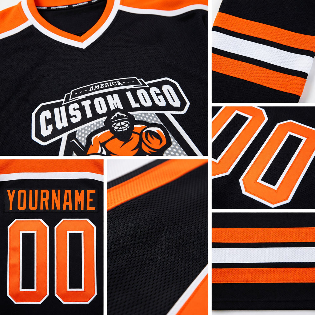 Custom Black Orange-White Hockey Jersey detail