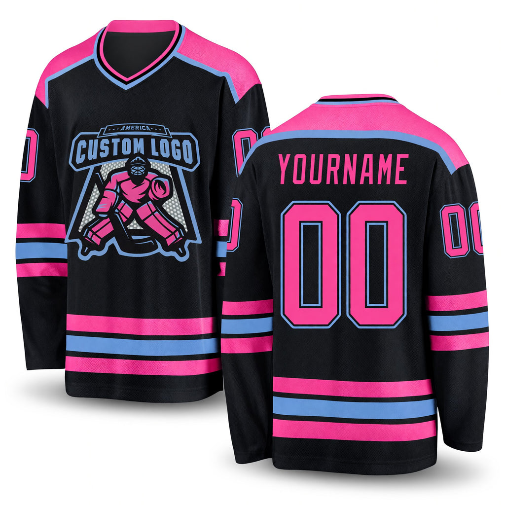 Custom Black Pink-Light Blue Hockey Jersey