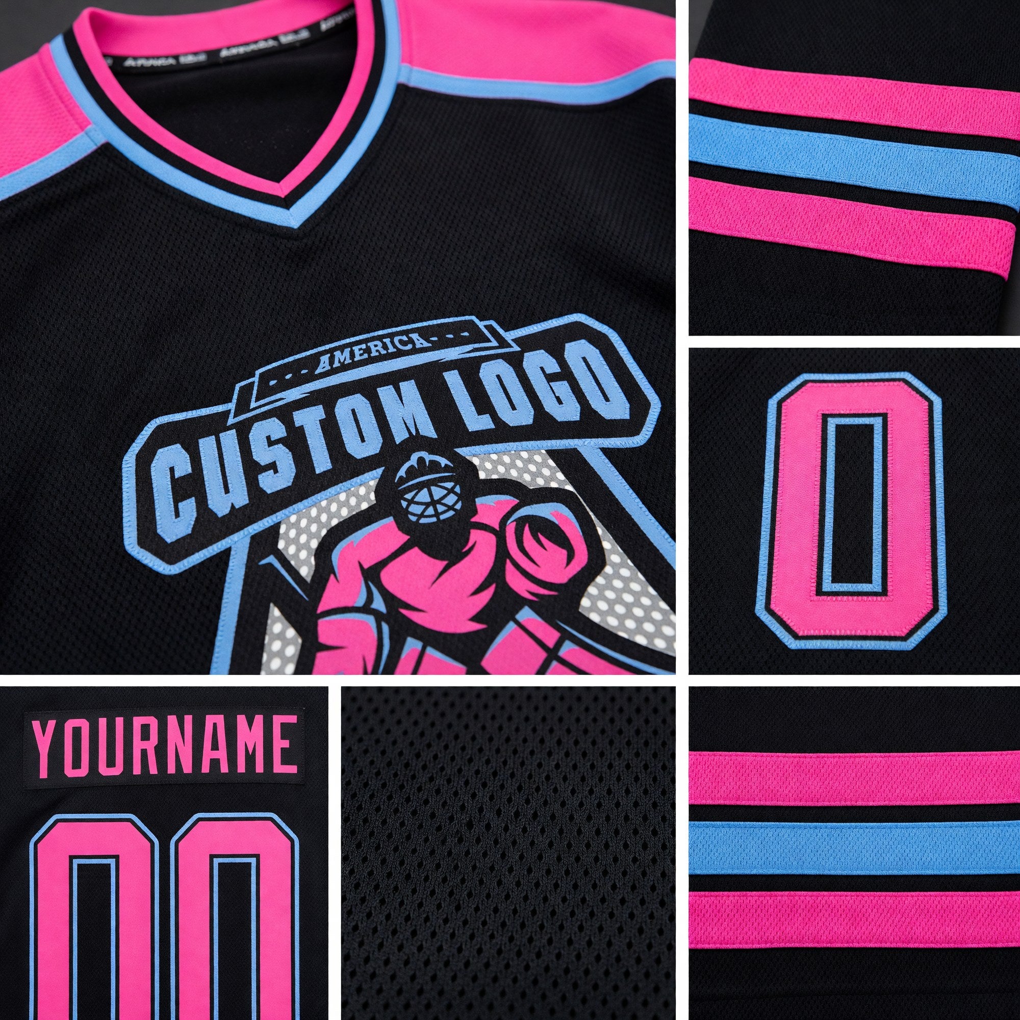 Custom Black Pink-Light Blue Hockey Jersey detail