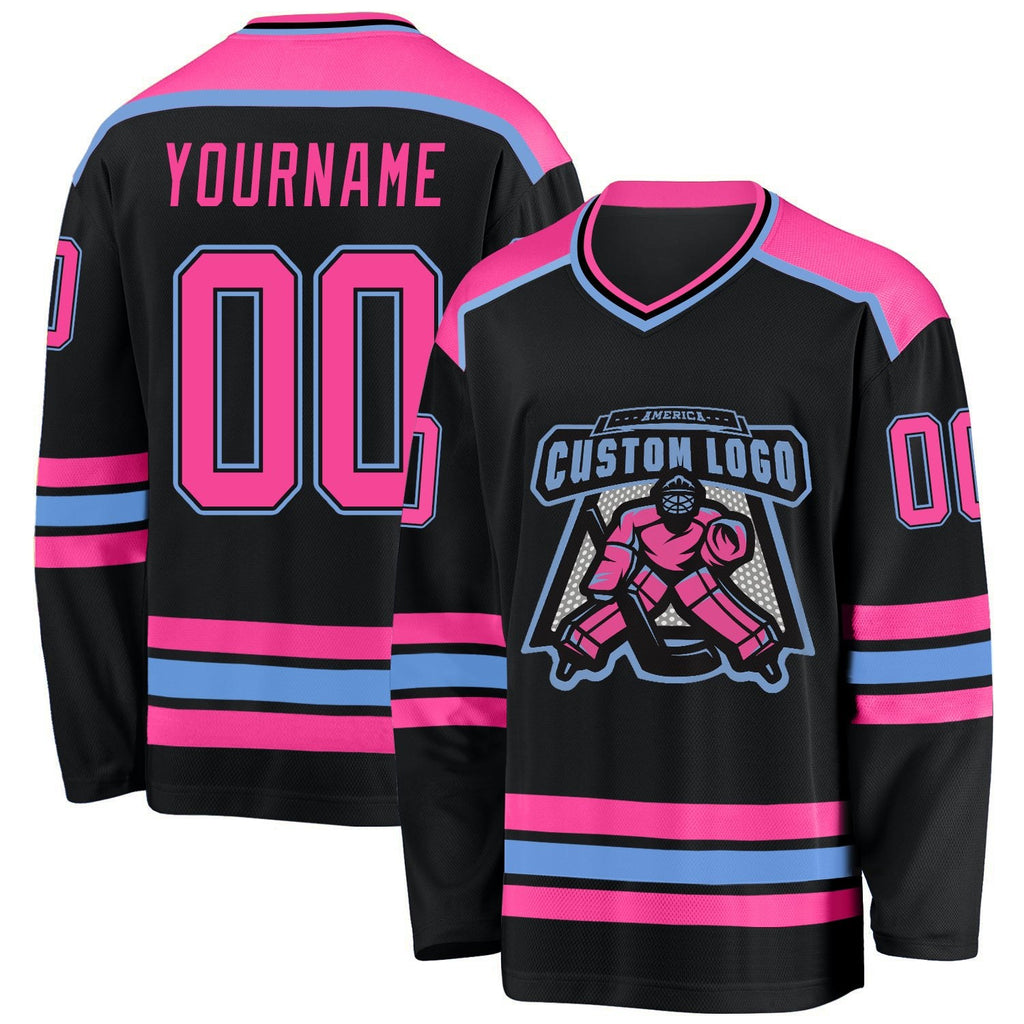 Custom Black Pink-Light Blue Hockey Jersey photo 1