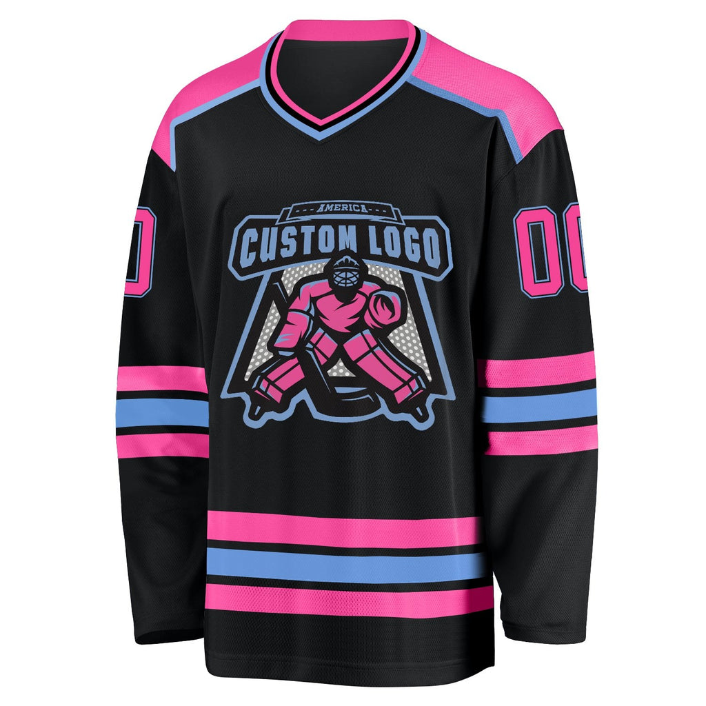 Custom Black Pink-Light Blue Hockey Jersey photo 2