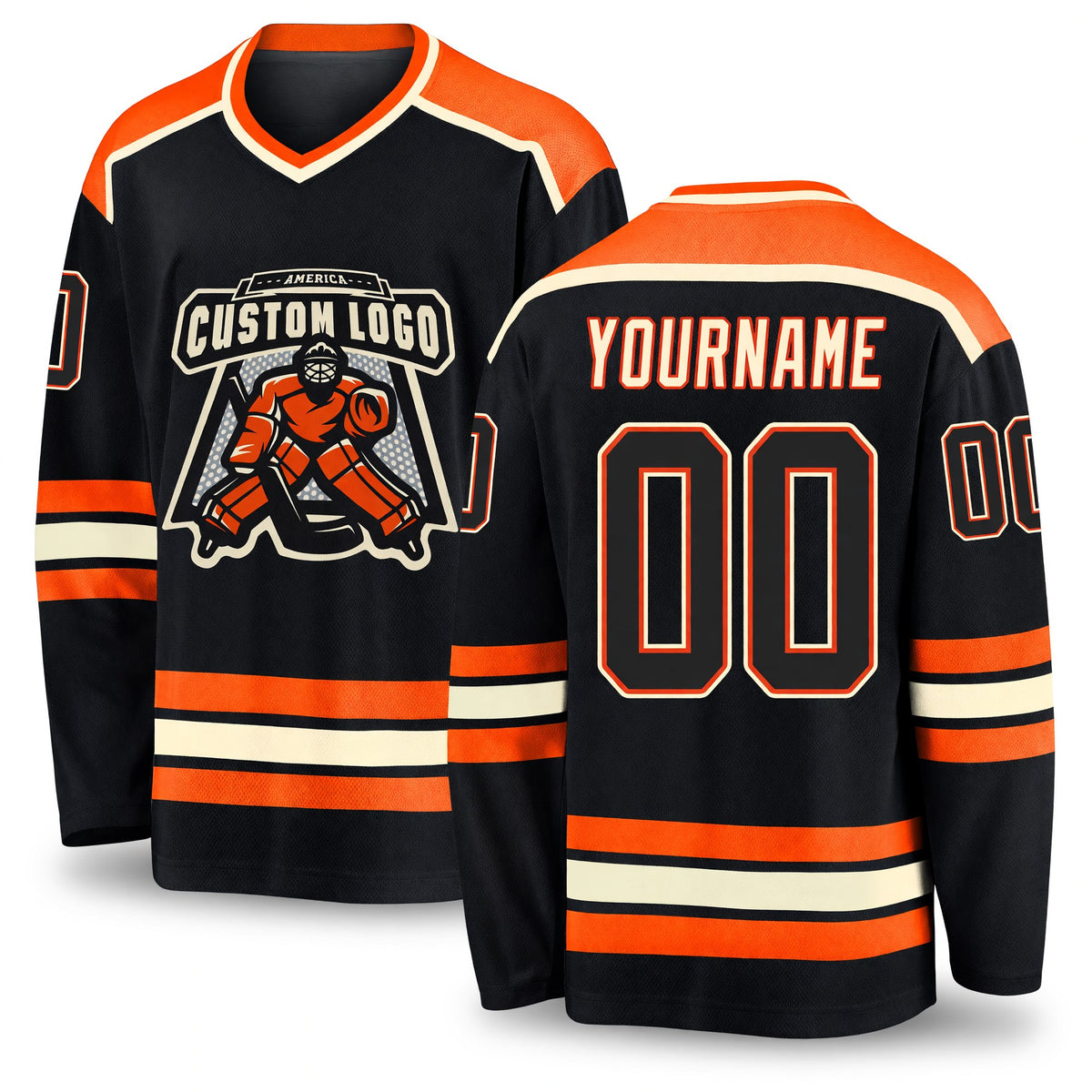 Custom Black Black Orange-Cream Hockey Jersey