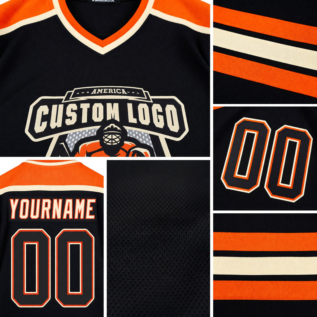 Custom Black Black Orange-Cream Hockey Jersey detail
