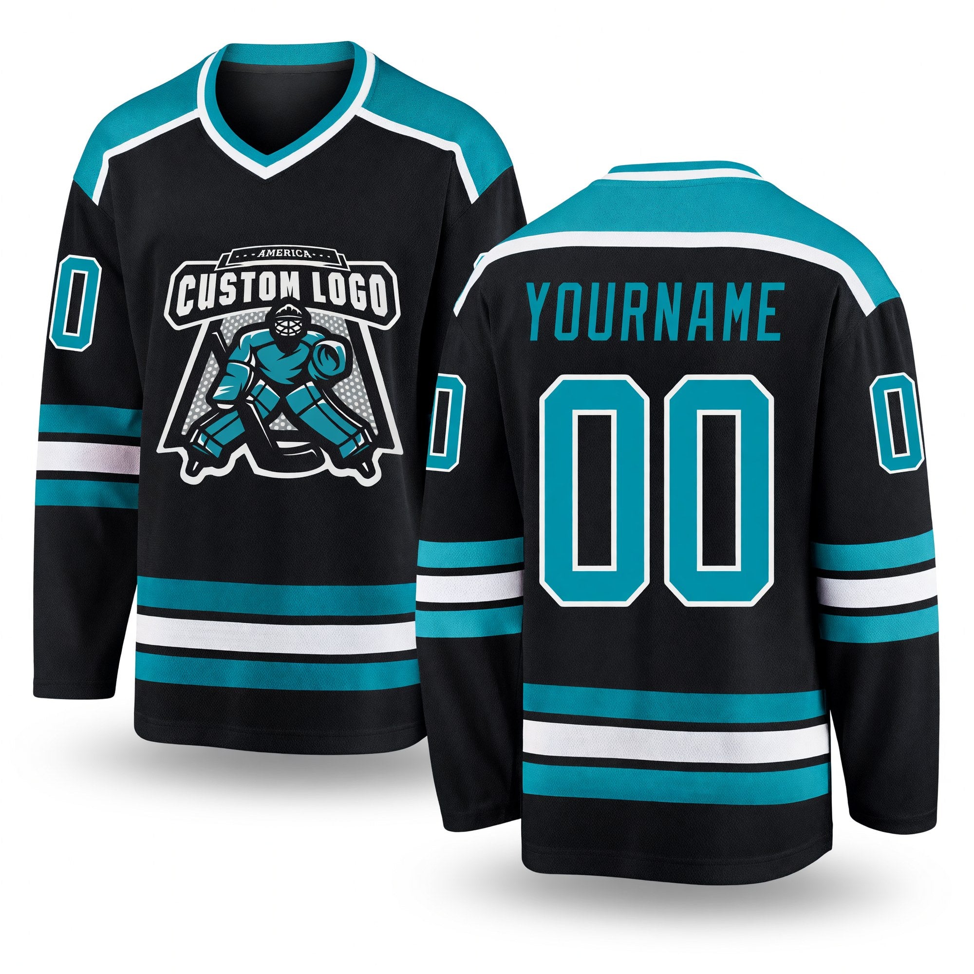 Custom Black Teal-White Hockey Jersey