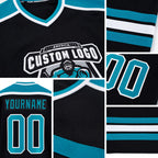 Custom Black Teal-White Hockey Jersey detail