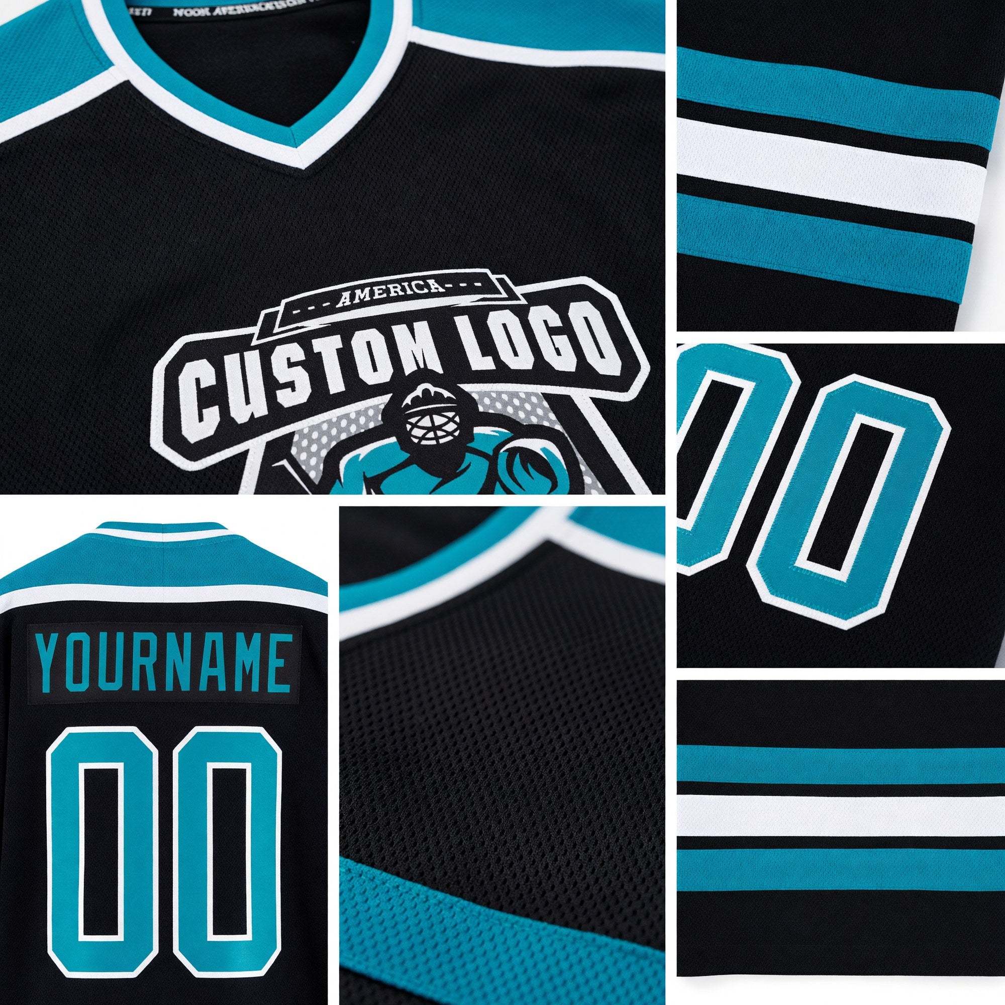 Custom Black Teal-White Hockey Jersey detail