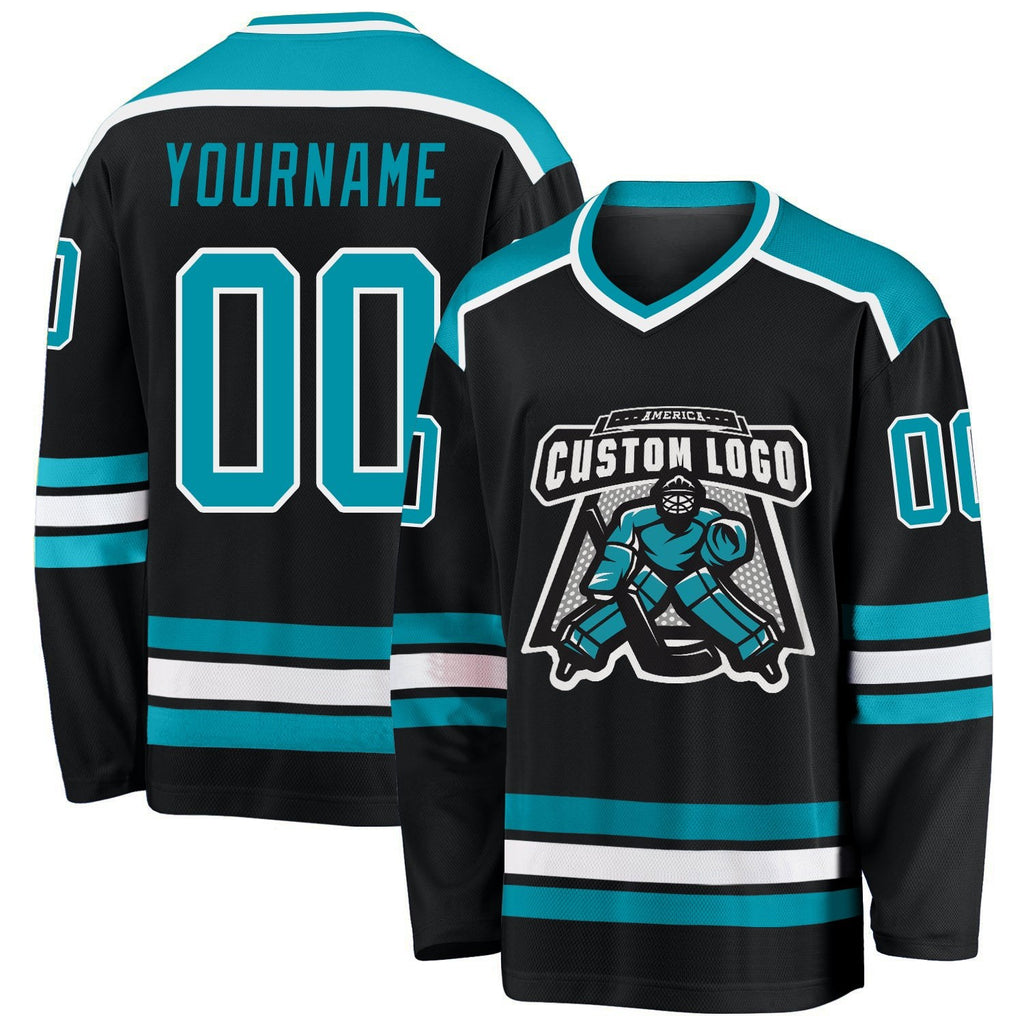Custom Black Teal-White Hockey Jersey photo 1