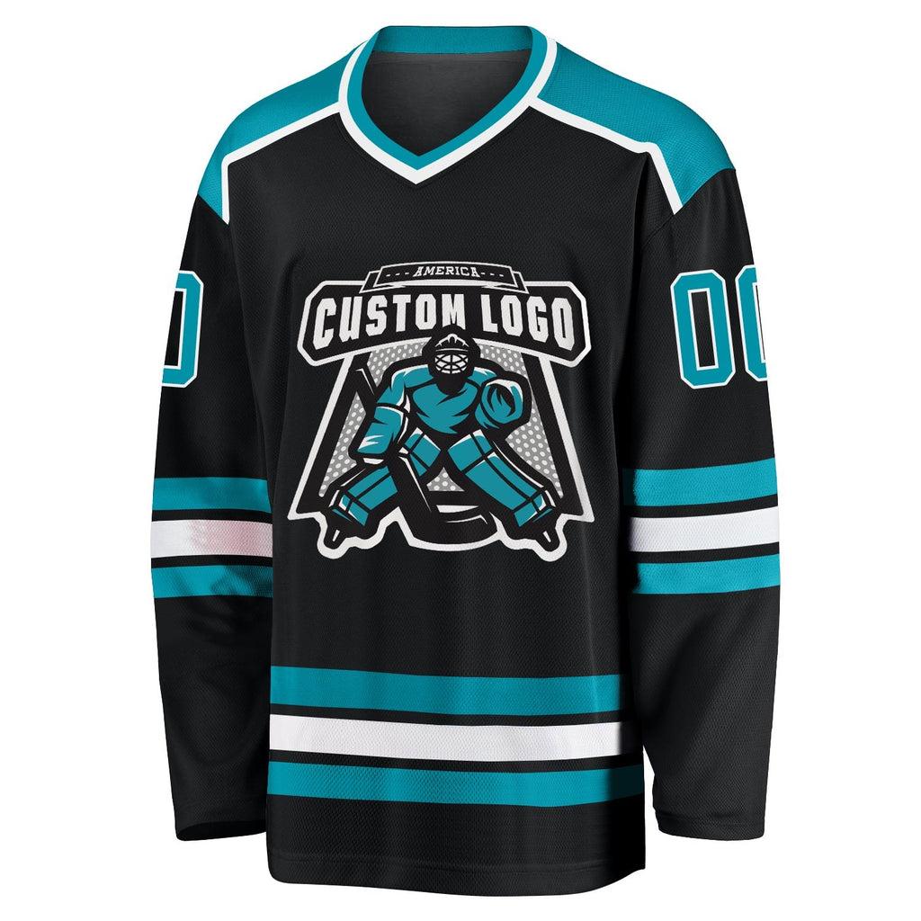 Custom Black Teal-White Hockey Jersey photo 2