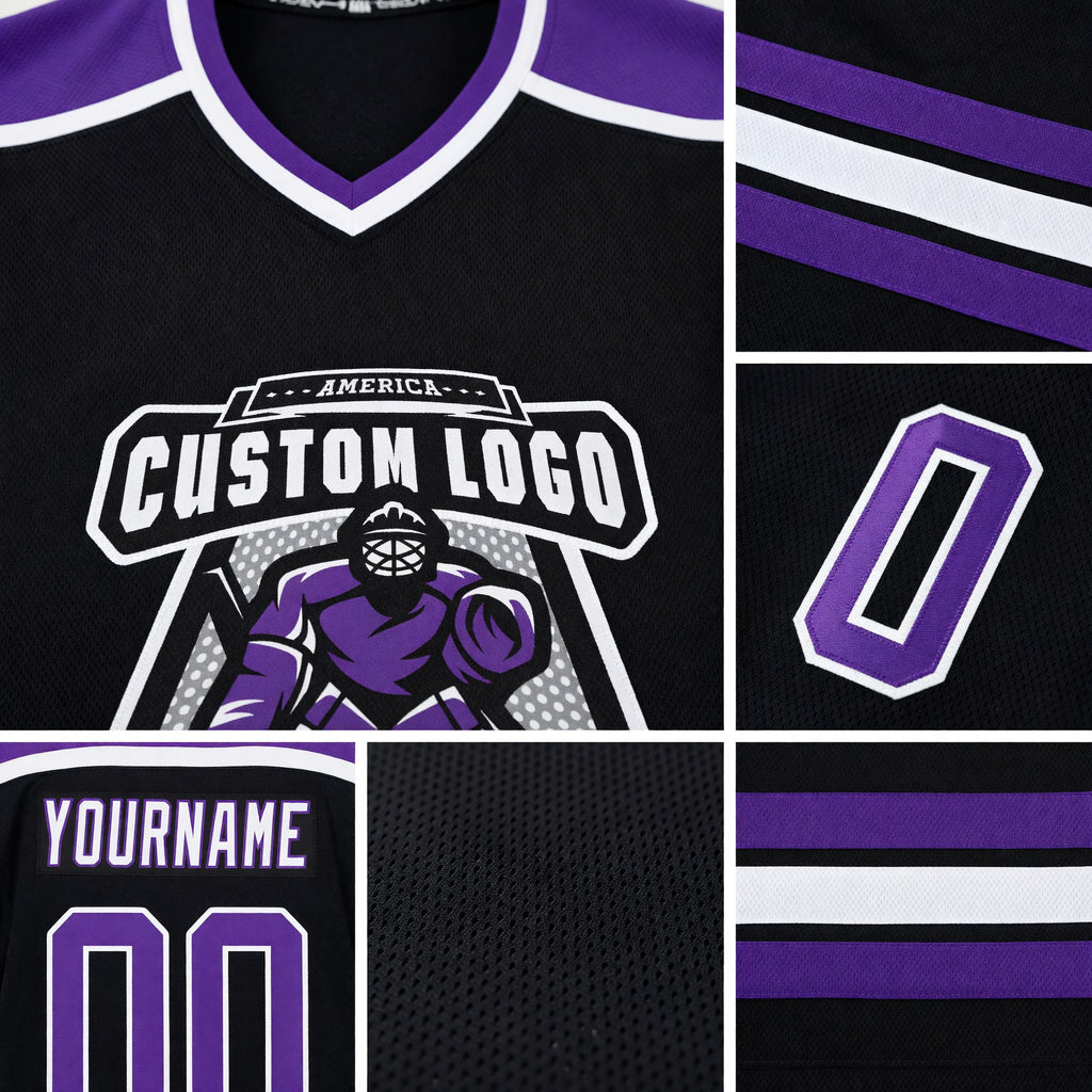 Custom Black Purple-White Hockey Jersey detail