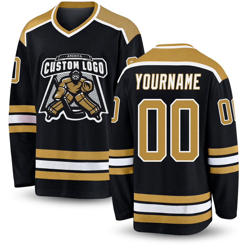 Custom Black Old Gold-White Hockey Jersey