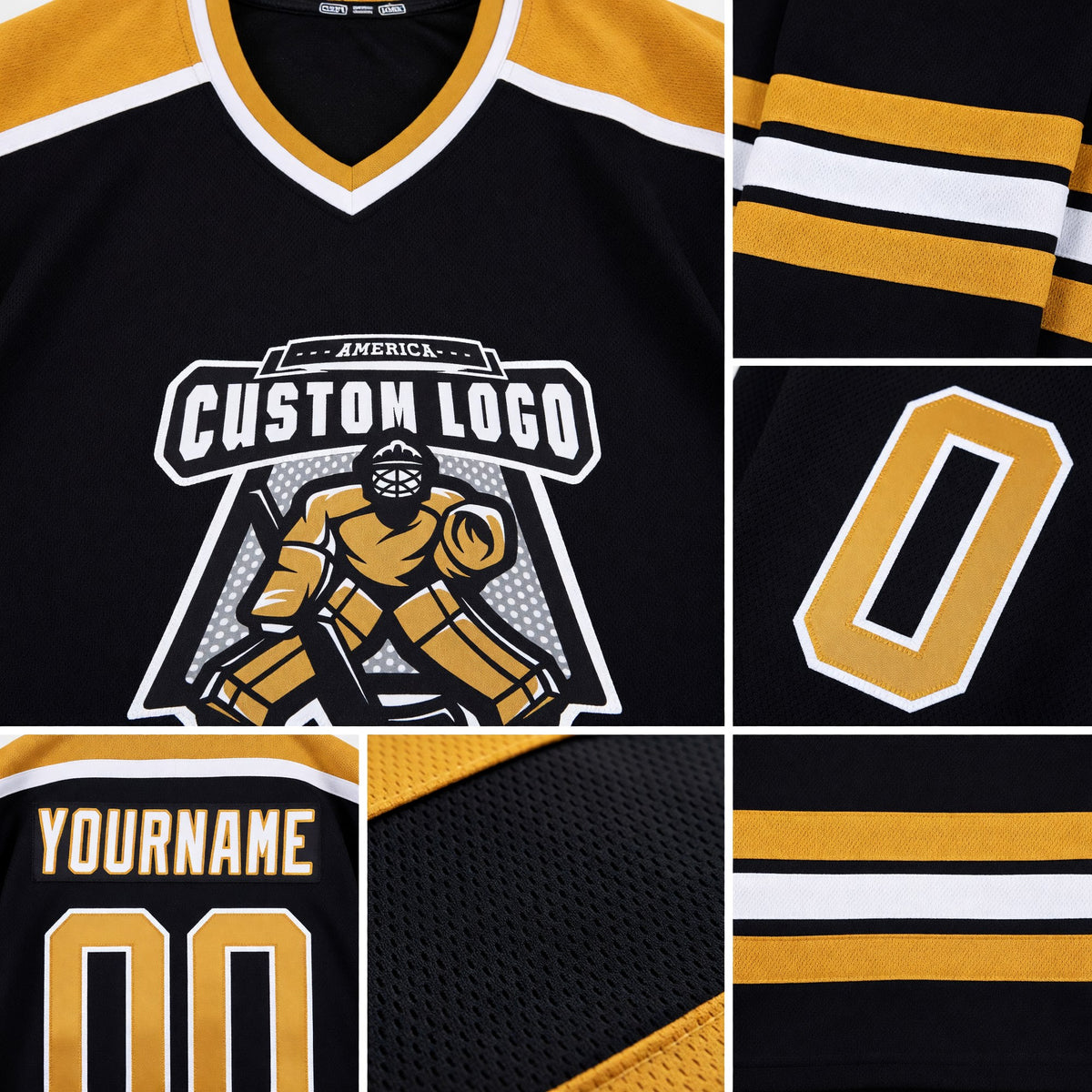 Custom Black Old Gold-White Hockey Jersey detail